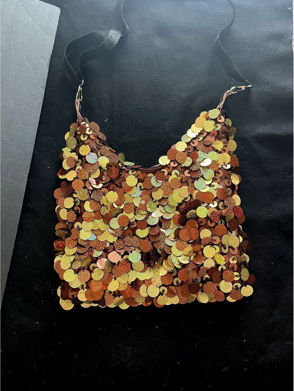 Sequined Copper Crossbody Bag with Adjustable Strap and Inner Zipper Pocket